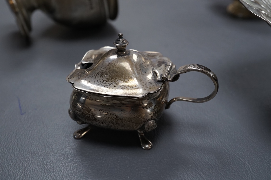 A group of silver to include Greek 800 white metal dish, 15.9cm, a white metal christening cup(tests as silver), Gorham mustard, one other silver mustard and a two handled vase.